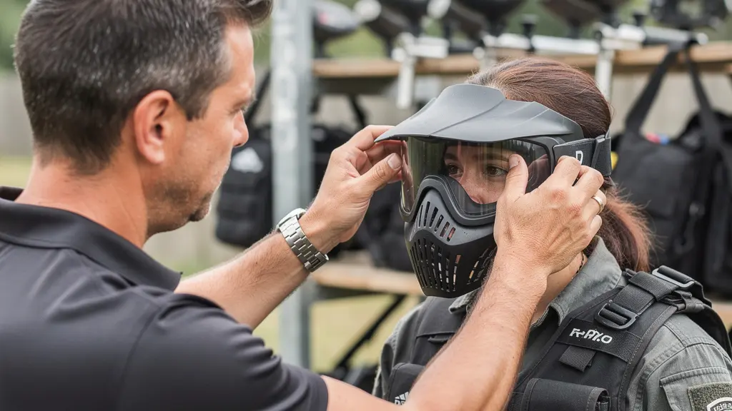 Animateur paintball aidant une participante novice à ajuster son masque de protection