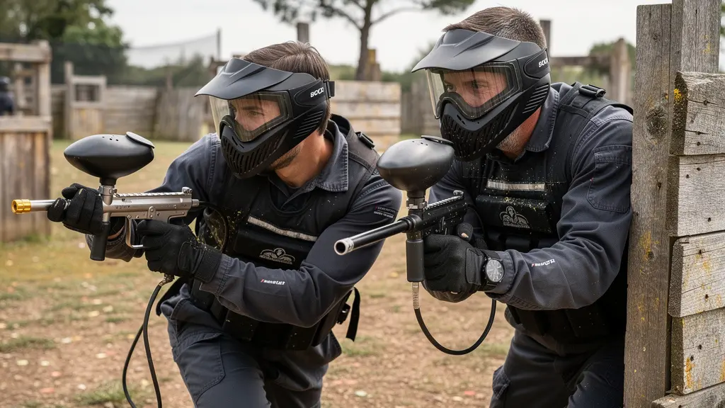 Deux collègues en mouvement tactique derrière obstacle sur terrain paintball