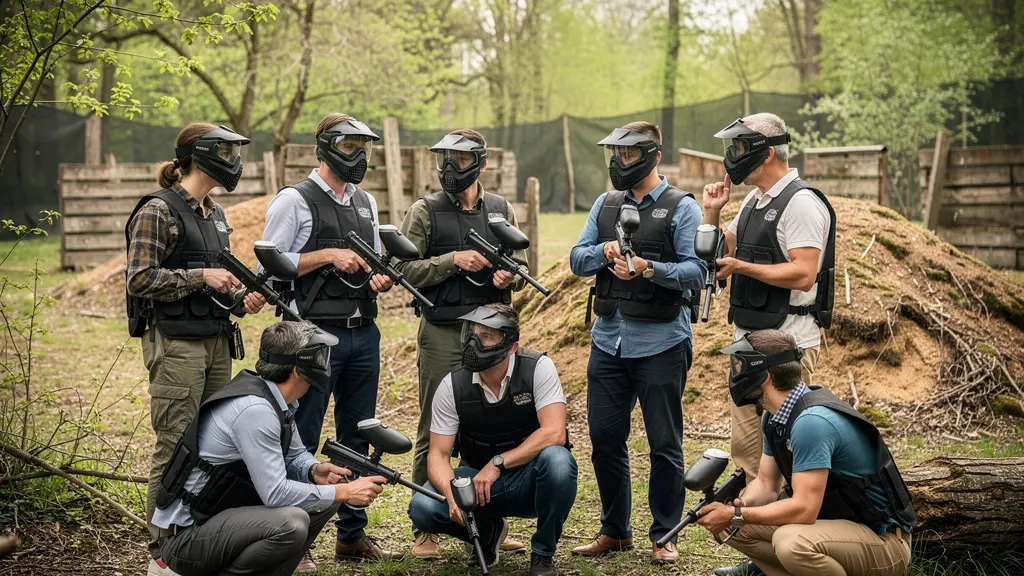 Collègues en tenue paintball discutant stratégie sur terrain boisé en Île-de-France