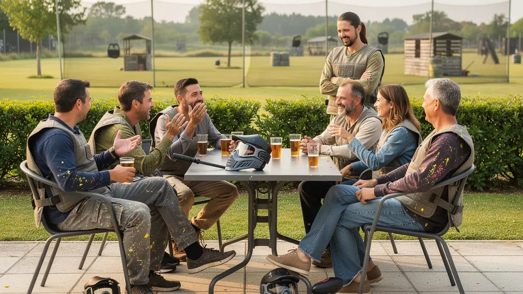 Groupe de collègues détendus sur terrasse après session paintball, ambiance conviviale